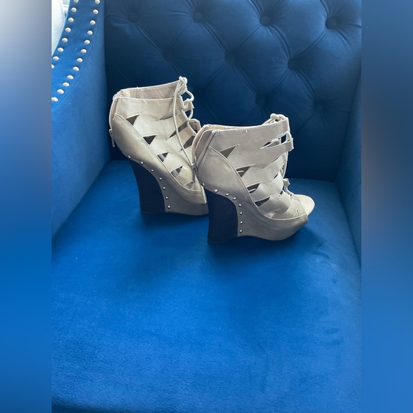 Self Tie Tan Wedge Heels - Picture 3 of 4